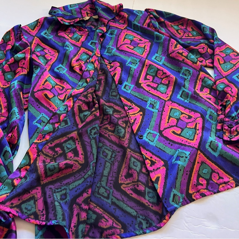 Vintage Colourful Print Button Up Long Sleeve Silk Blouse Size Medium
